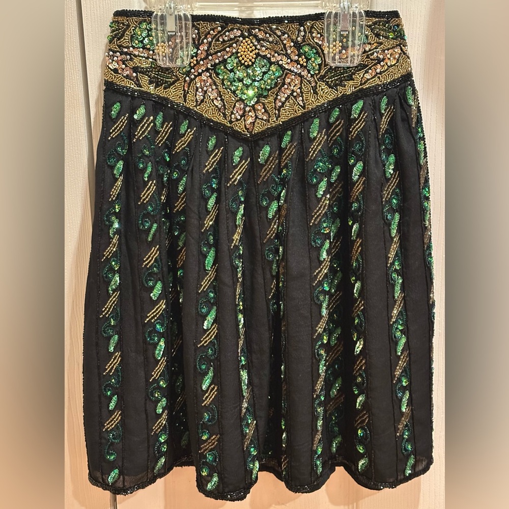BEADED SILK Skirt in Black, Green & Gold Girls Sz 12.
